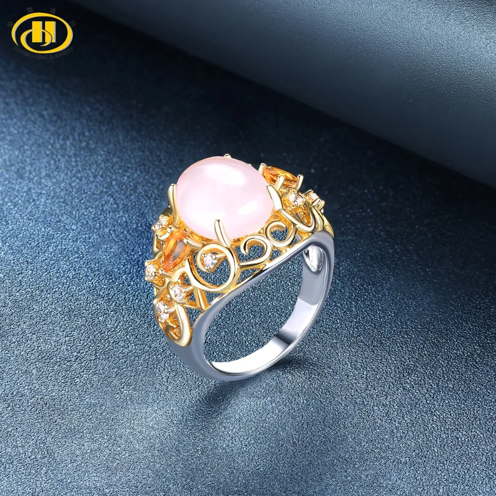 

Hutang Engagement Ring Natural Gemstone Rose Quartz Citrine Yellow Gold Solid 925 Sterling Silver Fine Fashion Jewelry For Gift