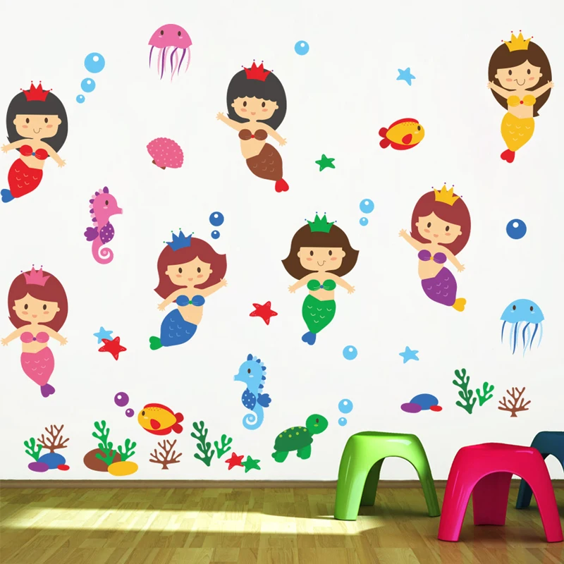 

lovely underwater princess fish wall stickers for kids rooms home decor cartoon wall decals pvc mural art diy poster girl's gift