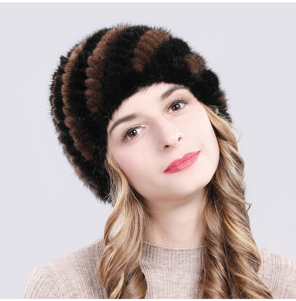 Hot Sale Winter Real Mink Fur Hat Women Good Elastic Knit Real Natural Mink Fur Beanies Hats Lady Real Mink Fur Thick Warm Cap