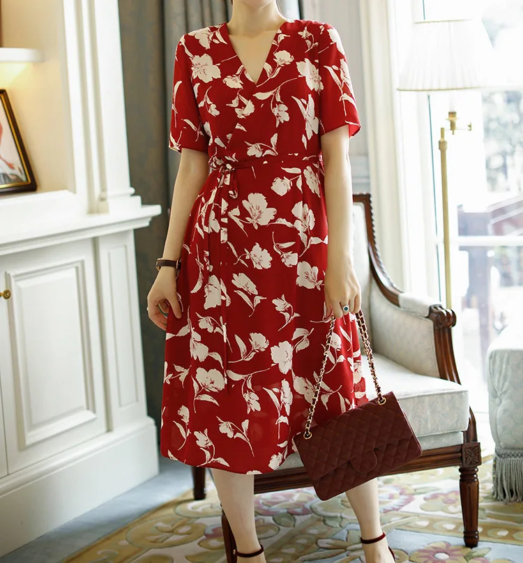 

Women 2019 Wrap V Neck Short Sleeve Floral Print Midi Dress With Waist Ties - Ladies Latest Causal Dress