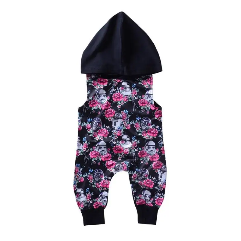 

Cute Sleeveless Floral Print Girls Baby Rompers Hooded Jumpsuit Long Pants