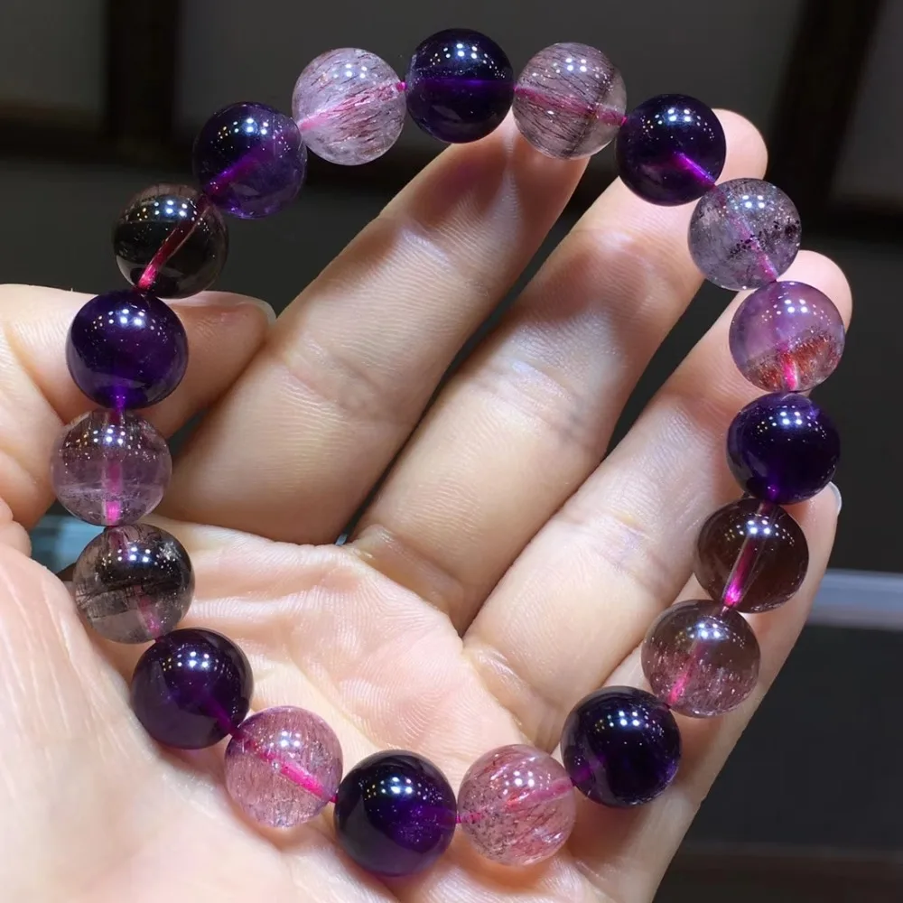 Натуральные супер семь 7 Lepidocrocite фиолетовые рутилированные кварцевые круглые бусы 10,5 мм браслеты женские мужские целебные AAAAA сертификат