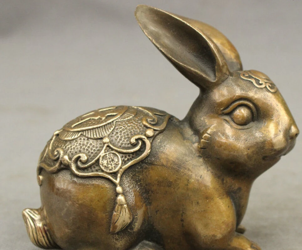 

WBY---624+++Folk Chinese Fengshui Bronze Wealth Zodiac Lovely Rabbit Animal Wealth Statue