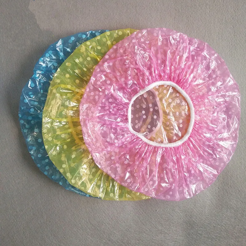 

6PCS Hot Sale Clear PE Disposable Plastic printing Shower Caps Large Elastic Thick Bath Beanie Women Spa Bathing Accessory