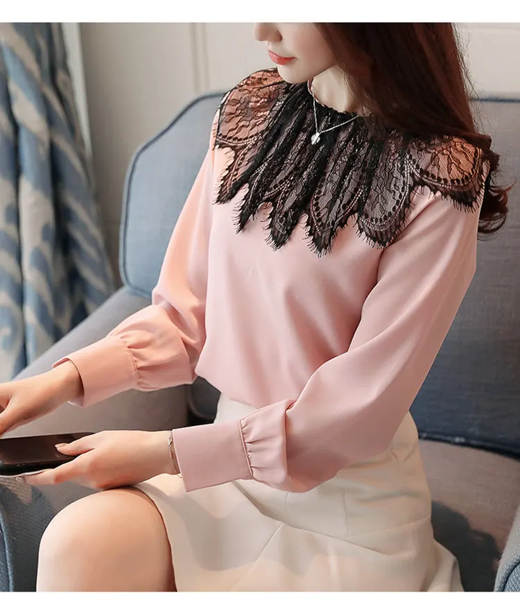 2019 New Autumn Tops Women Fashion Lace Patchwork Blouses Casual Long Sleeve Chiffon Blusas Mujer Pink White Shirt Female (3)