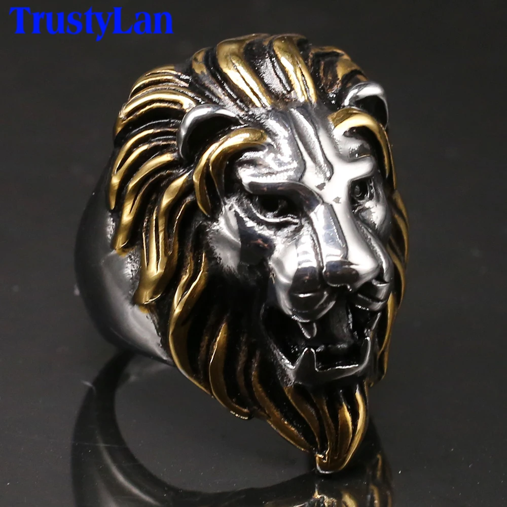 Mens Lion Head Ring Golden 316L Stainless Steel Man Ring Male Big Size