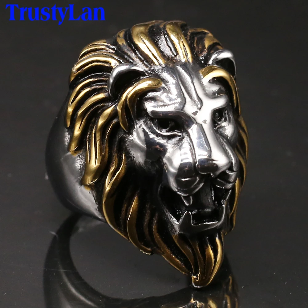 Men Large Golden Lion Head Stainless Steel Ring US Size 7 8 9 10 11 12 13 14 15 