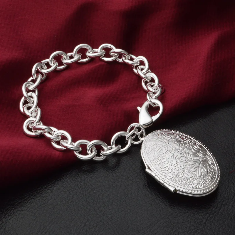 OMHXZJ,, модная женская Подарочная коробка для фото, круги, цепочка, 925 пробы, серебряный браслет+ ожерелье, ювелирный набор, SE55