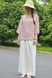Рубашка в китайском стиле, однотонная, с круглым вырезом, с пятым рукавом, топ, аммиак, медная проволока, винтажная рубашка, женская, 18055 - Цвет: Розовый