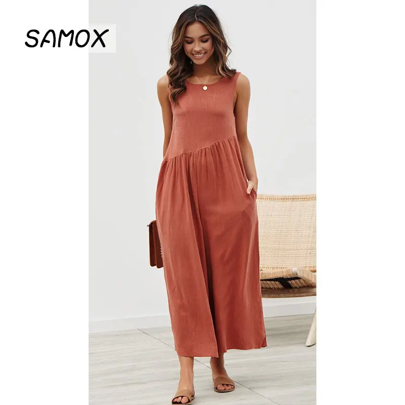 

JSMY Summer Sexy Backless Cotton Linen Solid Color Wide Leg Straight Jumpsuit Trousers