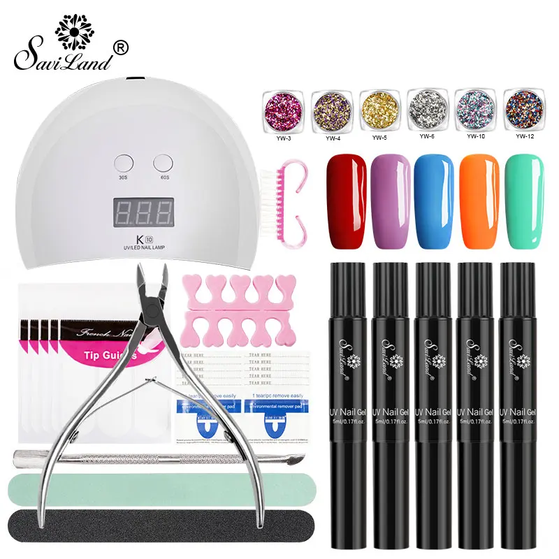 Saviland Gel Nail Varnish Pen Kits Nail Art Sets Glitter One Step UV