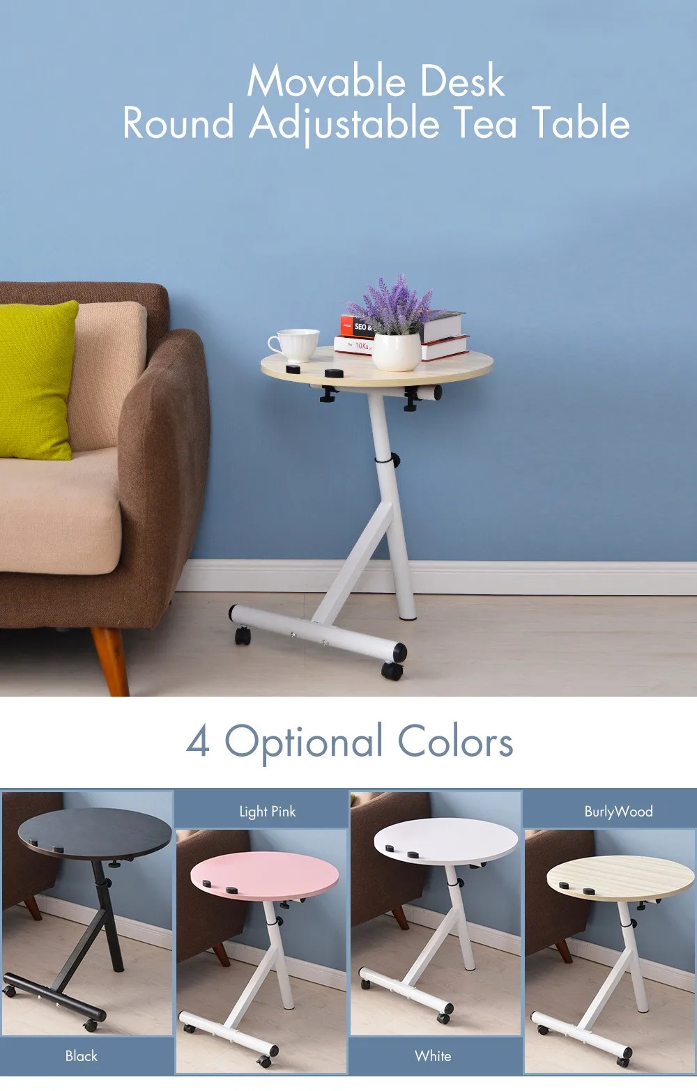 Movable Lift Desk Round Adjustable Tea Table