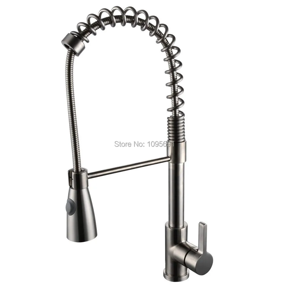 Brushed Nickel Brass Single Handle High Arc Spring Pull Down Kitchen Faucet with Swivel Spout