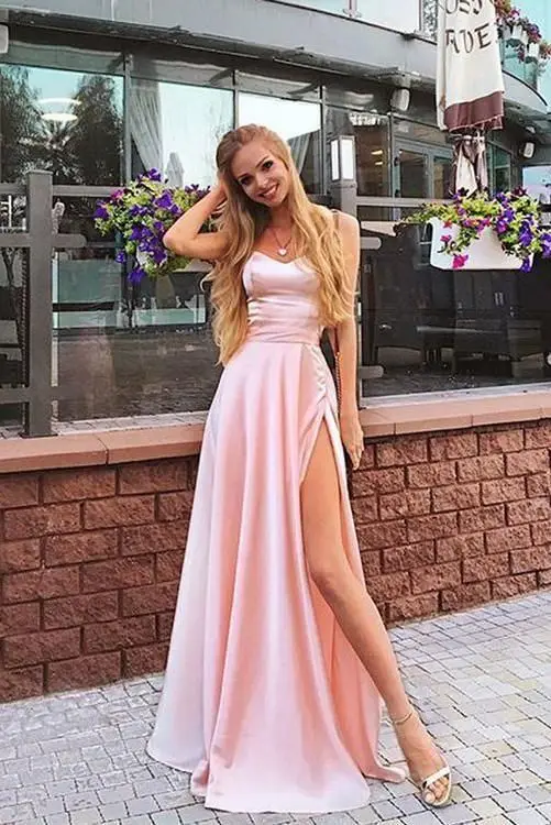 Vestido de festa, Длинное Элегантное Вечернее платье, длинное,, атласное, с разрезом по бокам, вечерние платья на тонких бретелях, Robe De Soiree
