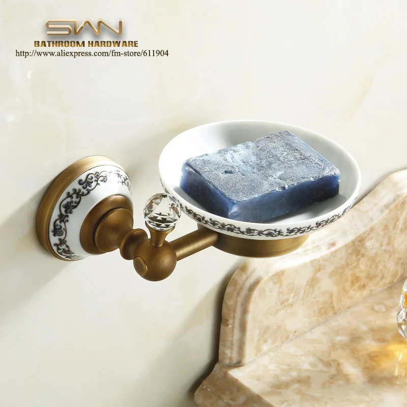 Free Shipping Antique Brass Crystal Soap Holder Dish Ceramic Plate