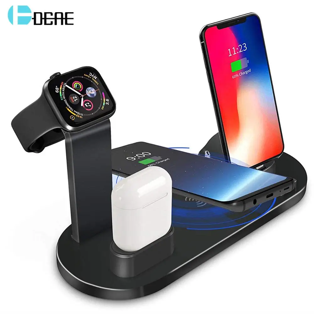Baratos Cargador inalámbrico Qi de 10W para Apple Watch 5 4 3 2 1 Airpods USB 3 en 1 estación de carga rápida para iPhone 11 XS XR X 8 Samsung