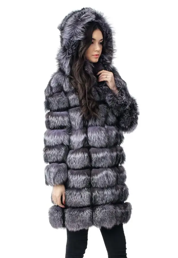 90cm Long Natural Real Silver Fox Fur Coats Outerwear Women Jackets With Hood Winter New Warm  Plus Size S - 8XL  For Female 