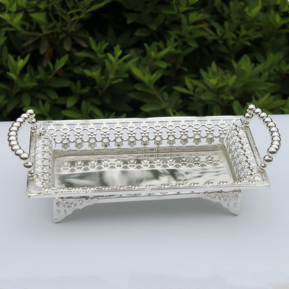 Luxury Shiny Silver Finish Metal Tray Hollow Snack plate Cake Stand