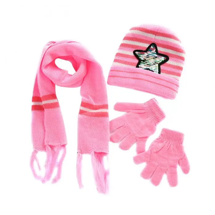 Детская зимняя теплая вязаная шапочка Кепки шарф, перчатки набор блесток с рисунком пентаграммы новый
