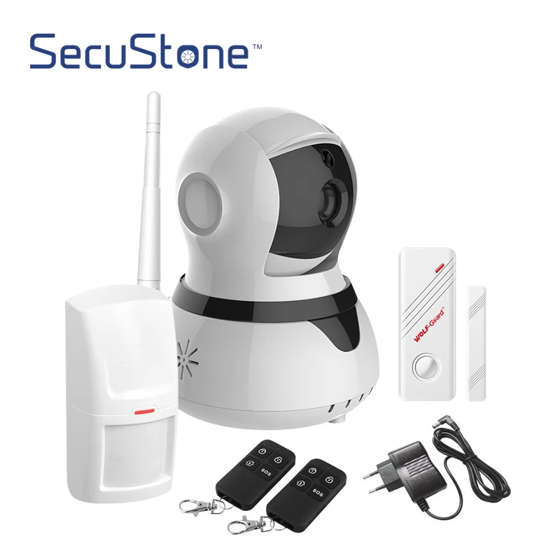 

Wolf-Guard DIY Home Health Alarm Secutiry Burglar System 2.4G WiFi IP Camera 720P with Door Sensor PIR Motion Detector Keyfobs