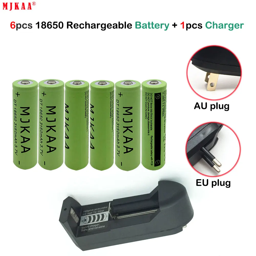 

6pcs MJKAA New Battery 18650 3.7 V 3150 MAh Lithium Ion Charging Battery Batery+1pcs Intelligent Battery Charger Single Cell