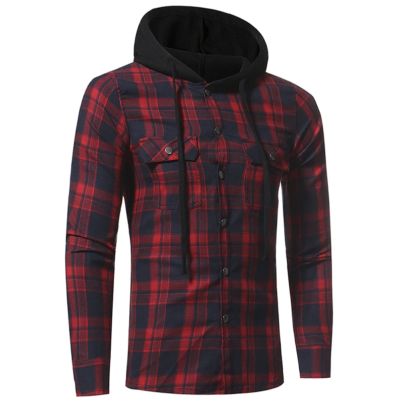 Skup Plaid koszula 2017 jesień moda koszule mężczyźni na co dzień odzież marki mężczyźni koszula z długim rękawem Casual krata z kapturem camisa masculina