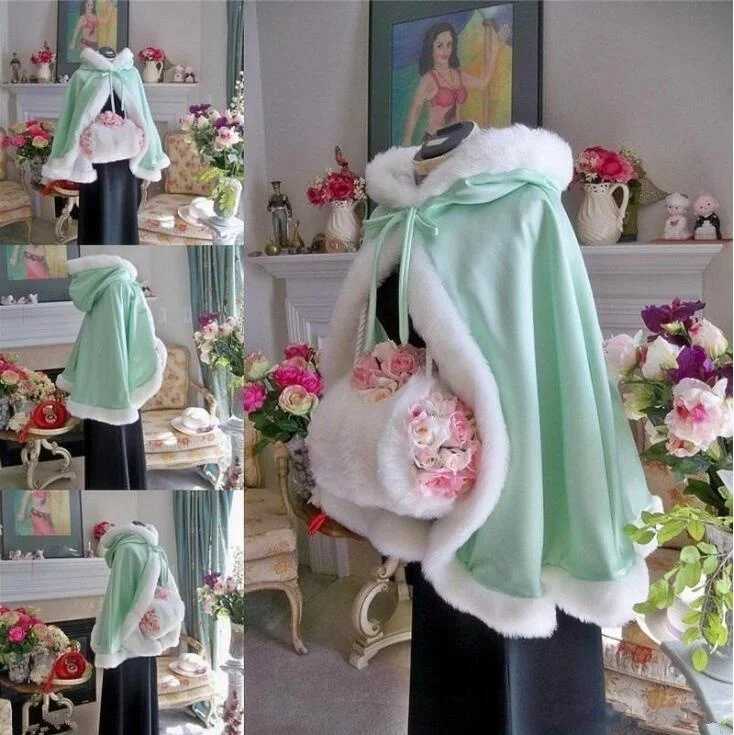 Tea long warm coat white ivory bride winter wedding cloak shawl satin + artificial fur hooded cloak  adult female poncho