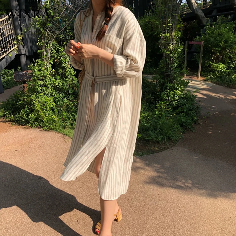 

Wixra Casual Striped Dress With Sashes Split Stylish Dresses Long Sleeve Pockets Spring Womens Clothing 2019 Spring Summer