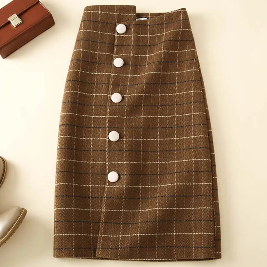 Tanie Kobiety wełniana chusta spódnica ołówkowa wysokiej talii Celebrity krata Retro kobieta moda spódnica jednorzędowa