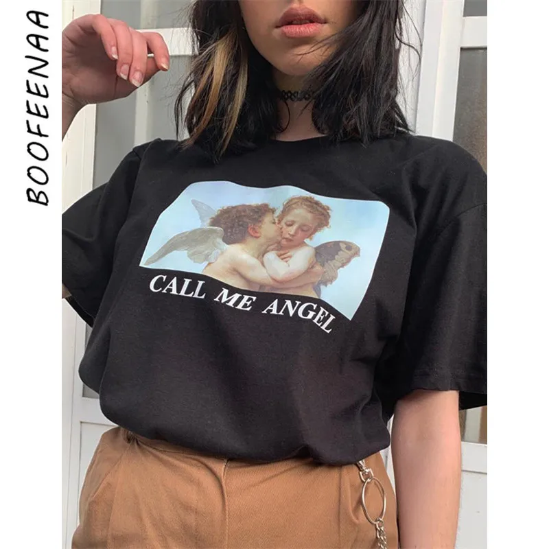 Женская футболка BOOFEENAA Angel Cupid черная Повседневная с принтом летняя 2019 | одежда