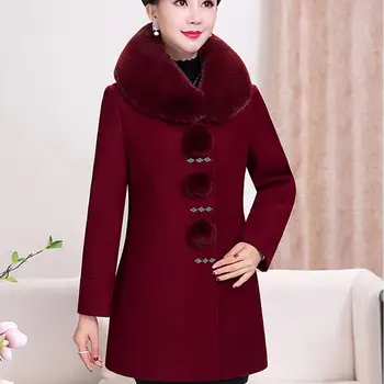 

2018 New Winter elderly Women Woolen Coat Fashion Slim Fur Collar Woolen Coat Middle-aged Women Wool blends Coat 5XL