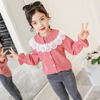 

Children's Lace Checker Shirt for Children in the New Korean Version of Children's Spring Dress for Girls