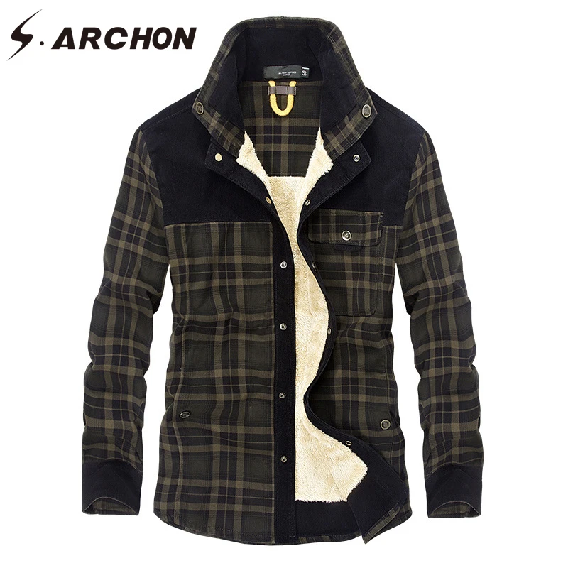 S. ARCHON Мужская тактическая куртка с подкладкой из хлопка, мужские повседневные рубашки, клетчатая Толстая шерстяная подкладка, осенне-зимняя куртка, верхняя одежда для мужчин