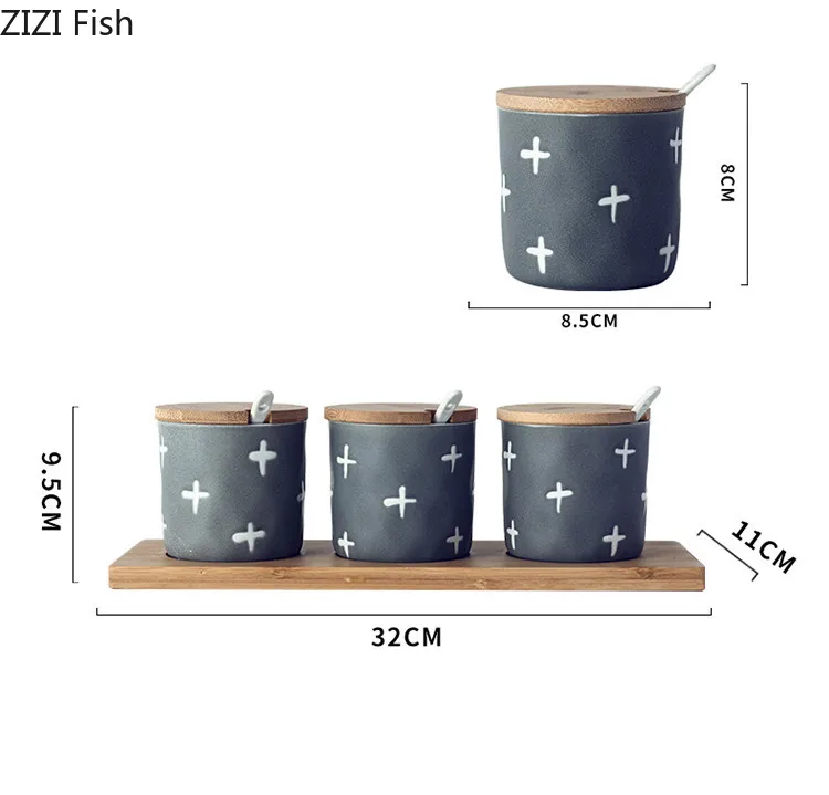Керамическая банка для сахара/соляная банка в японском стиле, набор из 4 предметов, кухонный инструмент для хранения приправ с крышкой и ложкой