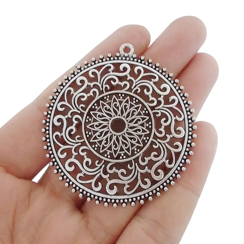3 x Antique Silver Tone Large Filigree Flower Round Charms Pendants for