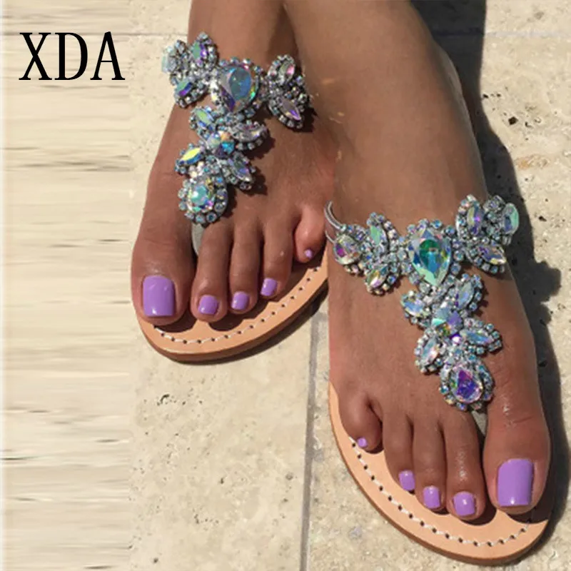 

XDA 2019 New Leisure Slipper Woman Slippers Shoes Rhine stones Crystal Chains Gladiator Roman Flat Slipper Plus Size 35-43 D310