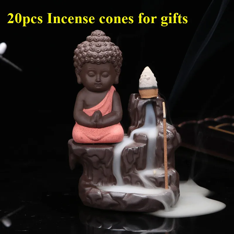 

Anonymity 20Pcs Incense Cones + Burner Creative Home Decor The Little Monk Small Buddha Censer Backflow Incense Burner