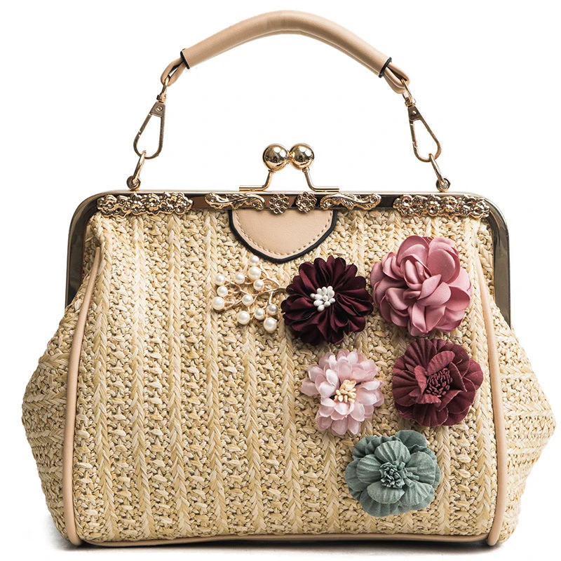 

Ladies beach bag 2019 woven portable flower decoration holiday summer bohemian straw bag shoulder portable diagonal female bag