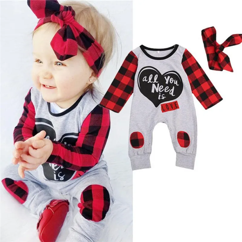 

2Pcs Set Newborn Baby Boys Girls Letter Print Plaid Headband Romper Jumpsuit Outfits baby girl clothes roupa infantil 20
