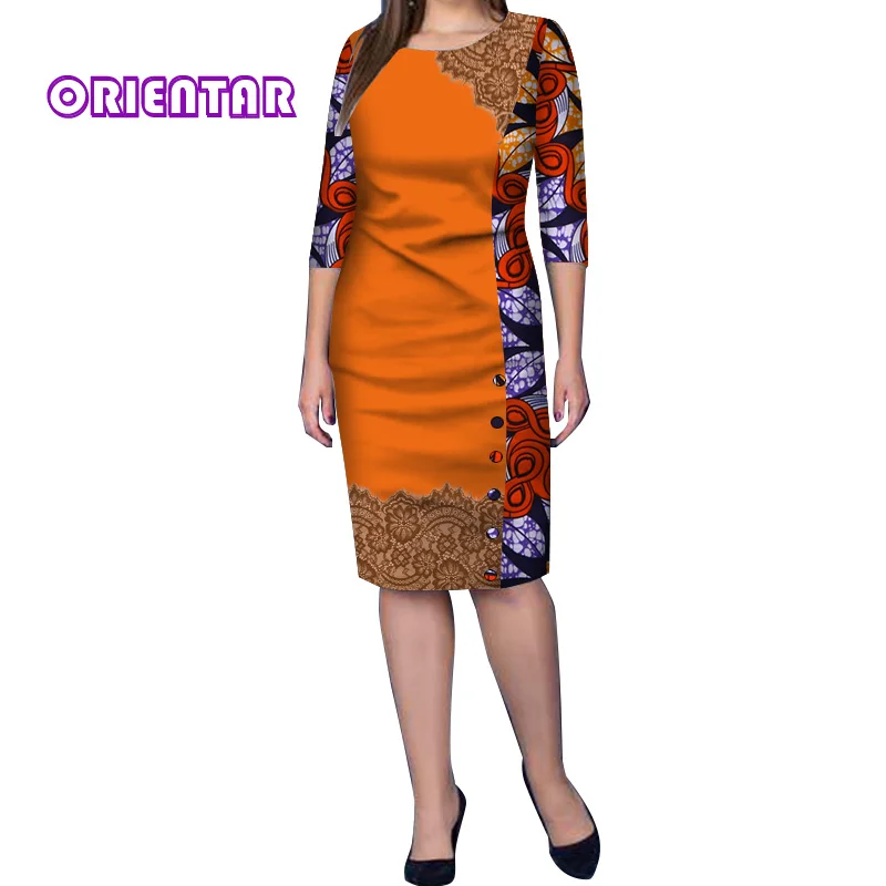 

2019 Fashion African Dresses for Women African Wax Print Bazin Riche Long Sleeve Bodycon Dress Elegant Lady Midi Dress WY3622