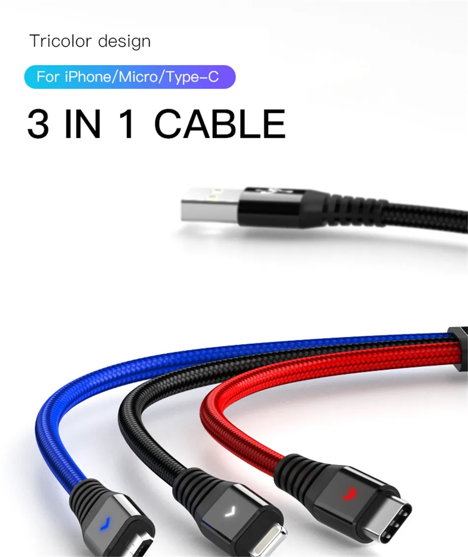 !ACCEZZ 2.4A 3 in 1 USB Cable Micro USB Type-C Charging Cable For iPhone 7 8 Plus X XS XR Android Phone For Samsung S8 Data Cord (1)