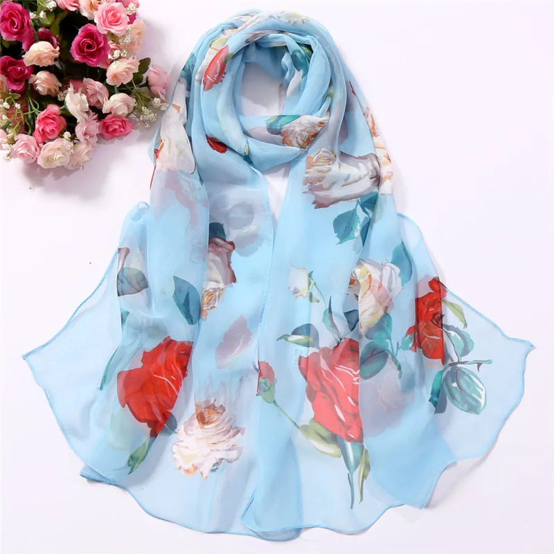 Fashion Women Roses Printing Long Soft Wrap Scarf Simulation Silk Shawl women's scarves handkerchief hijab scarf 40MA0616