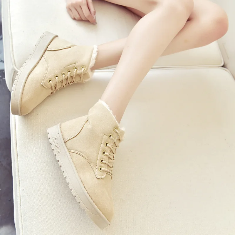 

Winter Ankle Boots Women Suede Short Ladies Fashion Lace Up Flat Snow Boots with Fur Warm Shoes Black Footwear QST903