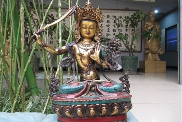 

USPS to USA S3615 Tibet Copper inlay Red coral turquoise Manjusri Buddha Statue (B0328)