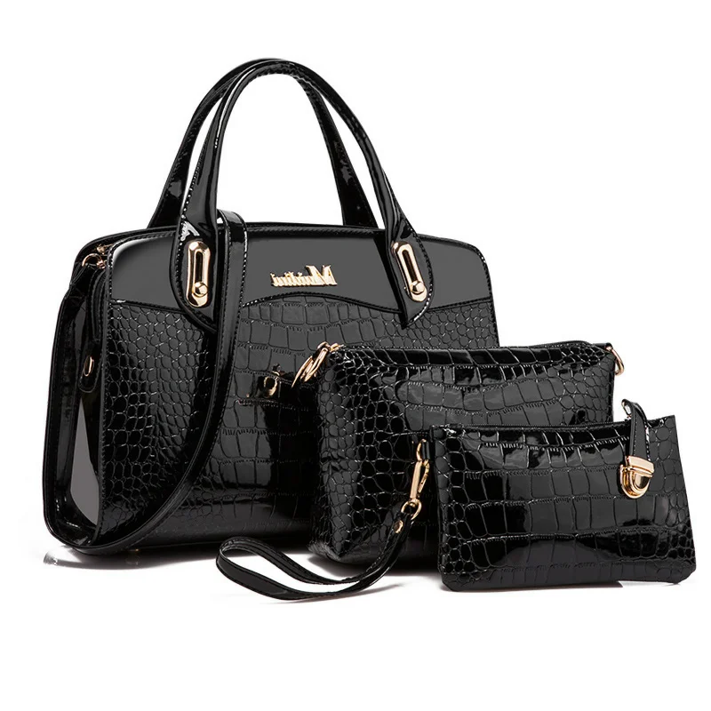 

2019 new alligator women composite 3 pcs handbags black wine red blue hard pu female leather handbags quality brand handbag