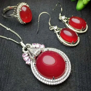 

C22#925 silver inlaid natural chalcedony set, the jade face is clean and translucent