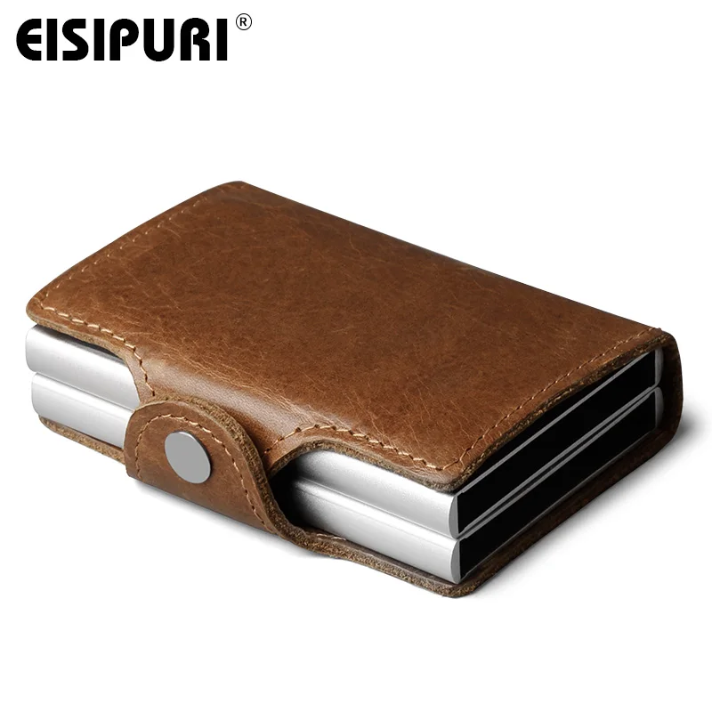 EISIPURI Men Genuine Leather double Metal Credit Card Holder Aluminium