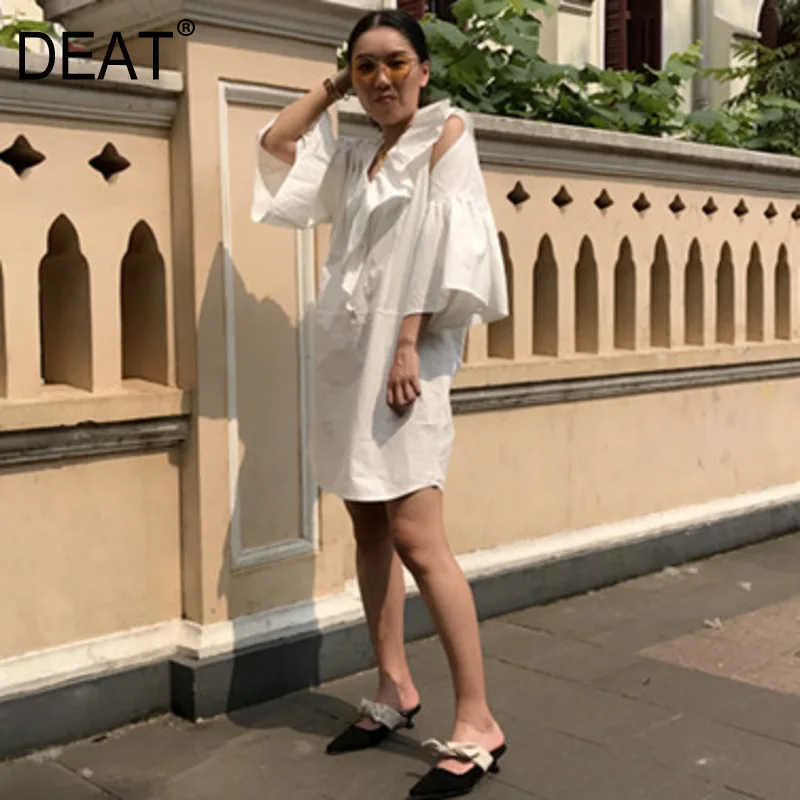 DEAT 2020 New Spring Fashion Women Clothing Casual Wrist Flare Sleeve Loose V-neck Splicing Shirt Dress Female Vestido ZA007600 | Женская