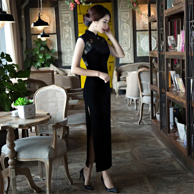 

Noble Women Black Lace Cheongsam Dress Elegant Long Hollow Evening Party dress Sexy Sleeveless Velvet Cheongsam Dress