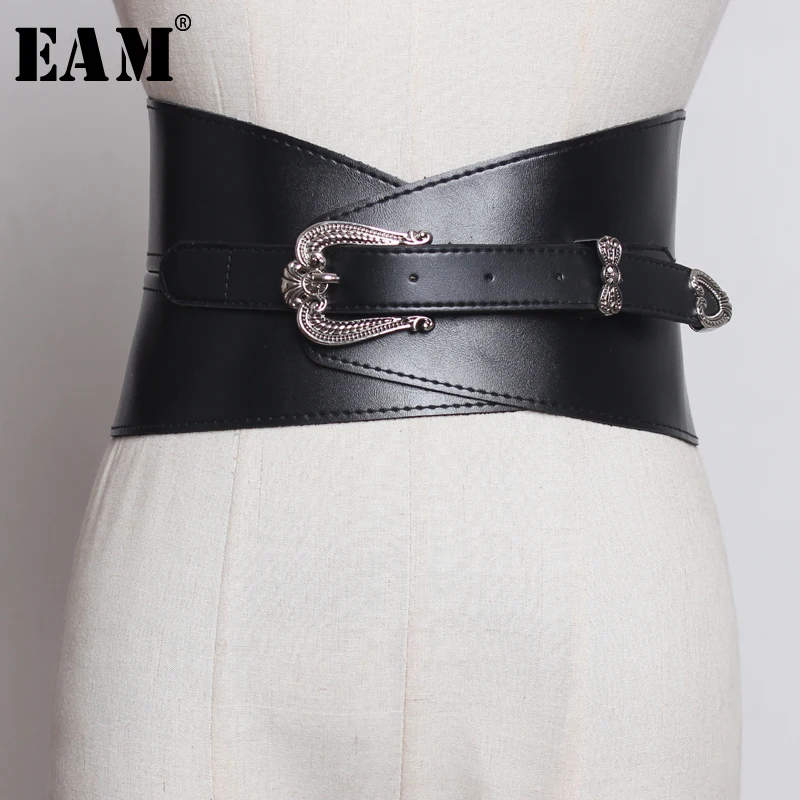 

[EAM] 2019 New Spring Summer Pu Leather Buckle Split Joint Irregular Personality Belt Women Fashion Tide All-match JU024